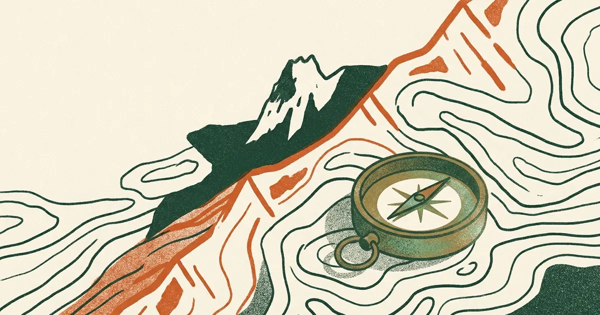 Illustration of a compass beside a rising search-trend line, representing search demand read as direction rather than volume
