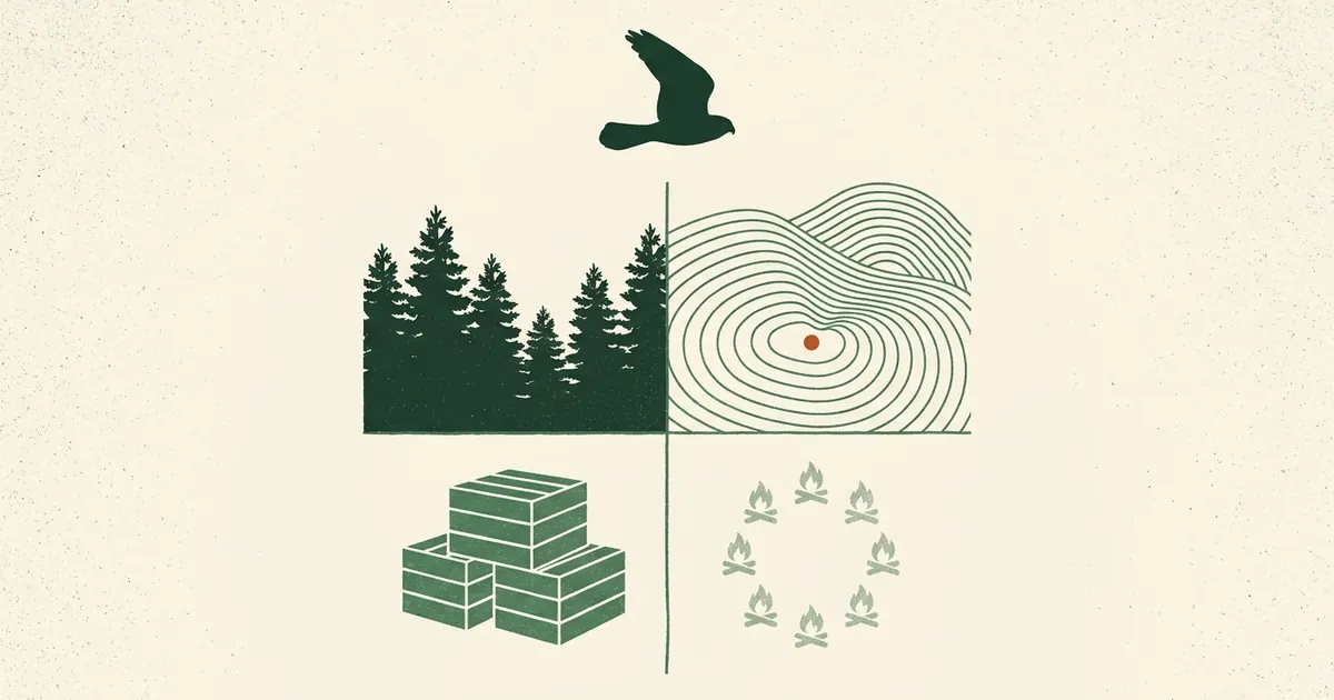 Editorial illustration of a kestrel hovering over an open field where four signal trails — competitor ads, search demand, retail proof and community chatter — converge on a single point.