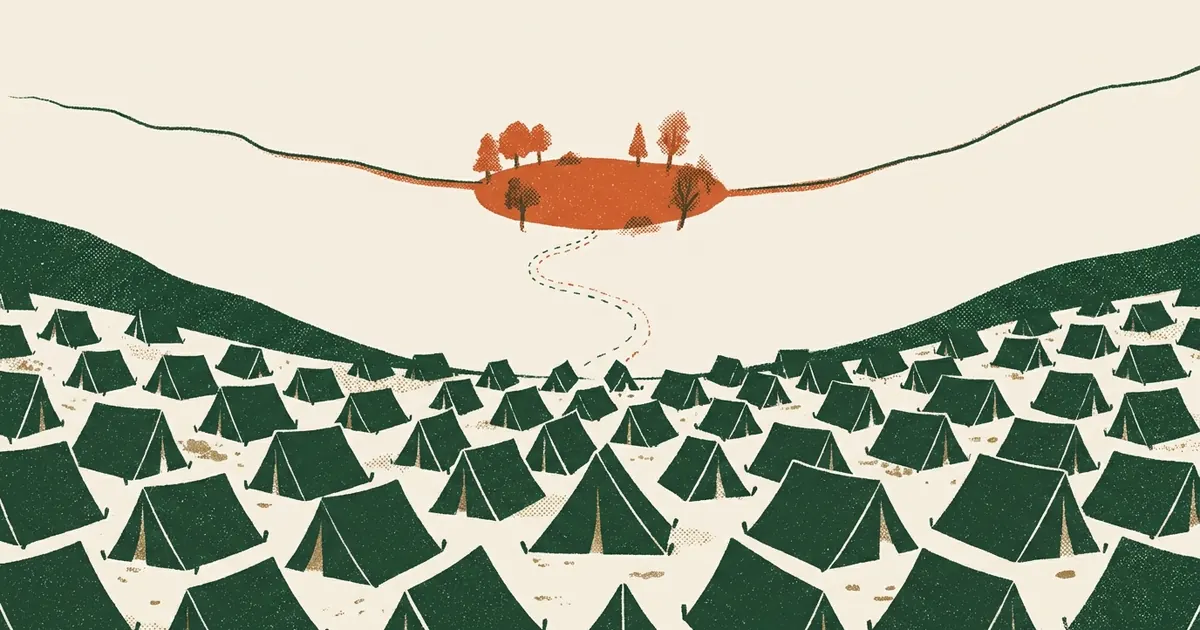Field-journal illustration of a kestrel hovering above a crowded market of near-identical stalls, scanning for open ground